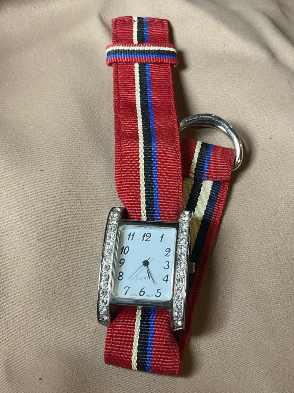 Stainless steel Red Striped Fabric Strap Watch with Rhinestone interchangeable